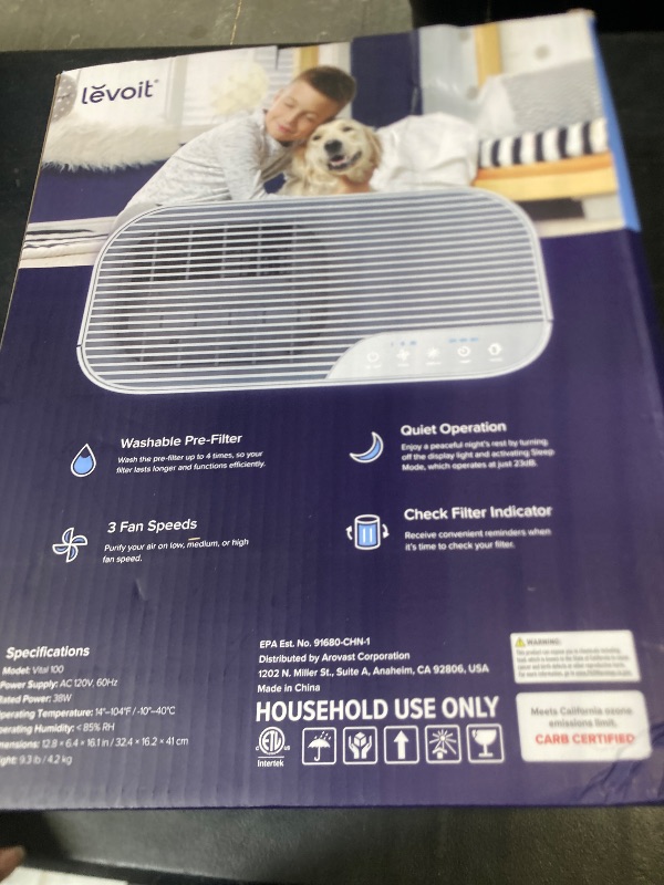 Photo 1 of Levoit Air Purifier for Home Bedroom, Quiet Clean with Washable Pre-Filter for Dander, Smoke, Dust, Pollen, AHAM VERIFIED, Odor Eliminators for Medium Sized Rooms, Pet Hair Remover, Vital 100, White`