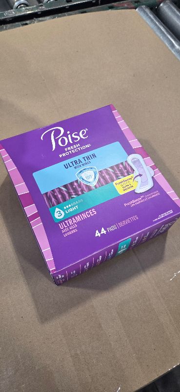 Photo 1 of Poise Ultra Thin Incontinence & Postpartum Pads with Wings for Bladder Leaks, 3 Drop Light Absorbency, Regular Length, 44 Count (Packaging May Vary)