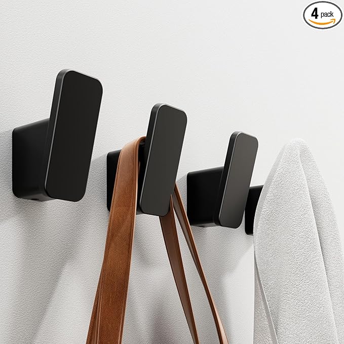 Photo 1 of 4-Pack Matte Black Towel Hook for Bathroom, Robe Coat Hook, Heavy Duty Wall Hooks for Hanging Bag Hat Mudroom Bedroom Shower Closet, Drill in Hanger Mount with Screw, Holder Back of Door Outdoor
