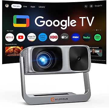 Photo 1 of 2000 ANSI Official Licensed Google TV Outdoor Projector 4K Decoding, Smart Projector with Wifi and Bluetooth, Auto Focus, Dolby Sound, Built-in Apps, HAPPRUN Indoor Home Theater with 270° Stand