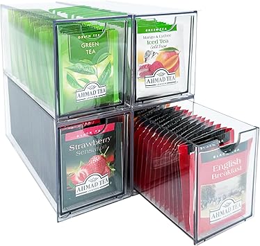 Photo 1 of AZEZO 4-Pack Tea Bag Drawers Organizer - 4 Clear Plastic Drawer Tea Bag Holder; Stackable & Portable; Wider Size; Well-Organized Storage for Tea Bags & Kitchen Essentials