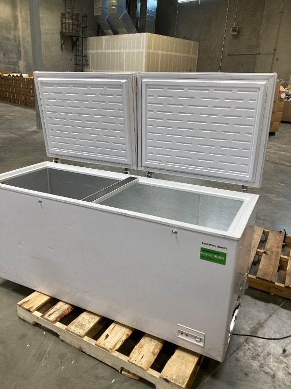Photo 1 of Hamilton Beach HBFRF2129 21 cu ft Double Door LID Garage-Ready Chest Freezer-White, Vinyl-Coated Baskets, Space-Saving Flat Back, Stay-Open, Front-Access Drain, for Storage, Hunting, Large Family