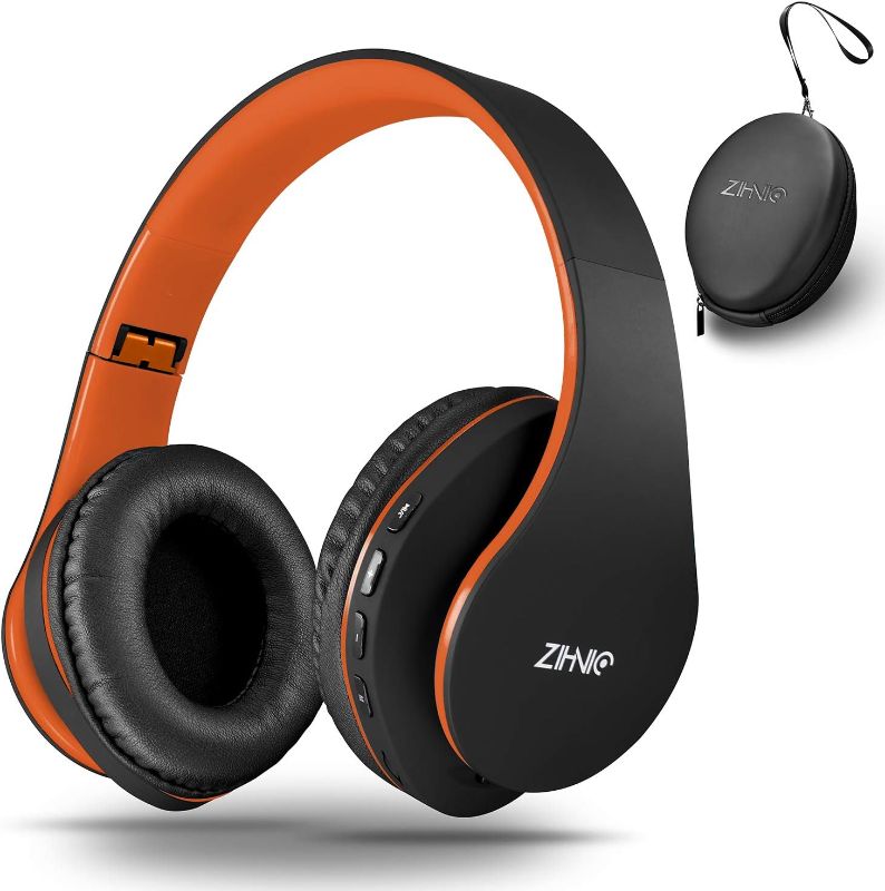 Photo 1 of ZIHNIC Bluetooth Headphones Over-Ear, Foldable Wireless and Wired Stereo Headset Micro SD/TF, FM for Cell Phone,PC,Soft Earmuffs &Light Weight for Prolonged Wearing(Black/Orange)