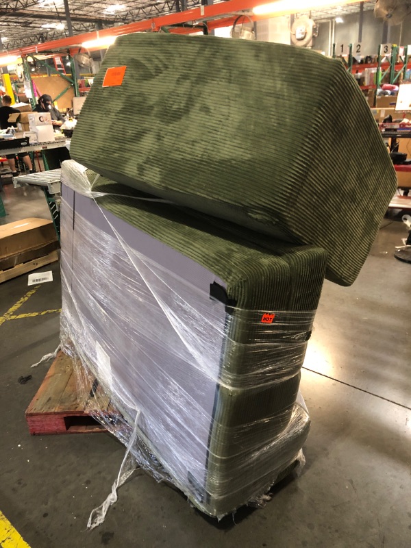 Photo 1 of *** TRUCK AND TRAILER PICKUP ONLY, PALLET ITEM***  LINSY HOME Oversized Convertible Sofa Bed with 2 Pillows & Ottoman, Corduroy Boneless Couch Folding Modular Sleeper Sofa, L Shaped Couch Floor Sofa for Living Room Apartment, Upgrade Backrest (Green)