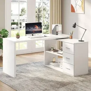 View 1 of (2of 2)***PARTIAL SET - PRICE ADJUSTED***
HSH White L Shaped Desk with Drawers Shelves, 360 Rotating Office Computer Desk with Storage Cabinet, Corner Home Office Desk Computer Table?55 Inch