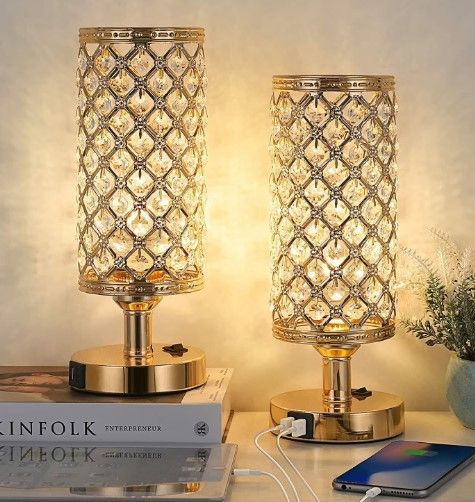 Photo 1 of \(GOLD, UNTESTED)( Crystal Table Lamps Set of 2 with Dual USB Charging Ports Modern Bdeside Lamps