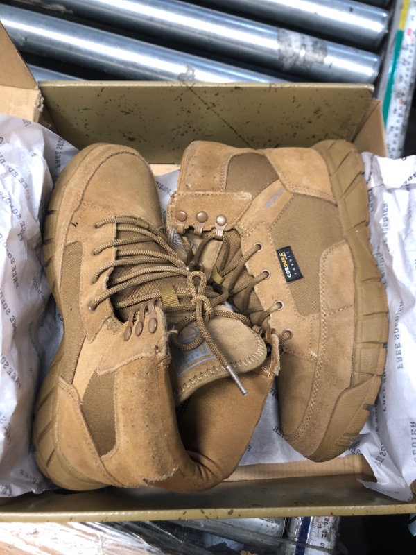 Photo 1 of (used, size 8) FREE SOLDIER Men's Durable Work Boots 6 Inches Lightweight Waterproof Hiking Boots Suede Leather Tactical Boots(Tan US 8.5)