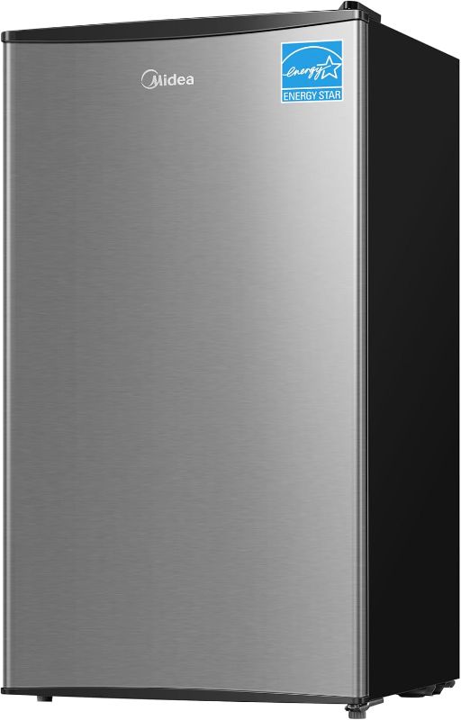 Photo 1 of ***Missing Inside Shelves *** Midea MERM33S1AST Mini Fridge, 3.3 Cu.ft Compact Fridge with Internal Light, Adjustable Thermostat, Reversible Door, Low Noise for Dorm, Office, Bedroom, Stainless Steel