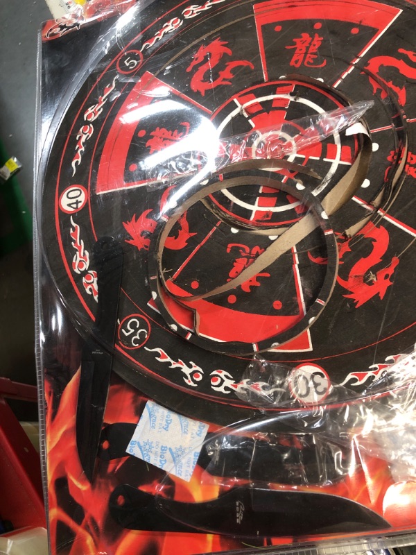 Photo 1 of ***DAMAGED - SEE NOTES/PICTURES***Perfect Point Throwing Knife Set – Target Board and Set of 3 Throwers, Black Stainless Steel Blades and Handles w/ Red Dragon, Includes Nylon Sheath, Well Balanced, Throwing Sport Knives – PP-075-3BK