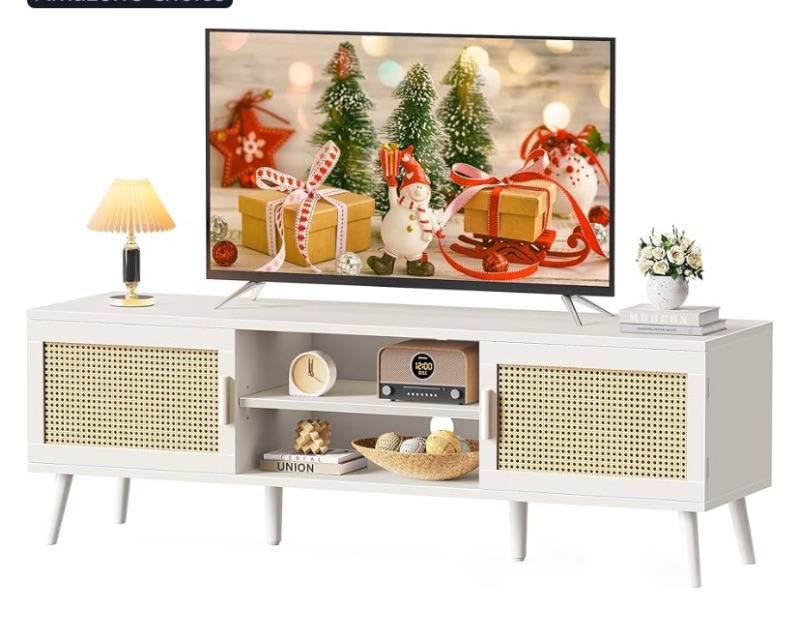 Photo 1 of SUPERJARE Boho TV Stand for 65 Inch TV, Entertainment Center with Adjustable Shelf, Rattan TV Console with 2 Cabinets, Media Console, Solid Wood Feet, 4 Cord Holes, for Living Room - Natural