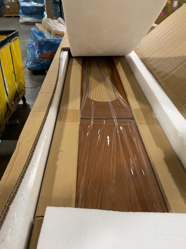 Photo 1 of FurniNova Fully Assembled Floating TV Stand Wall Mounted 94'',High Gloss Floating Media Console with 2 Drawers & Rattan Door, Under TV Shelf for Living Room Bedroom Entertainment Center,Walnut