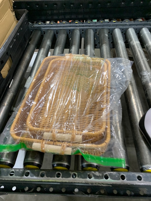 Photo 1 of GIB Woven Baskets Serving Trays with Handle, Small Rectangle PP Wicker Rattan Trays Bread Basket for Serving Food, Vegetables, Breakfast, Coffee Table Decor, 14" & 12", Set of 2