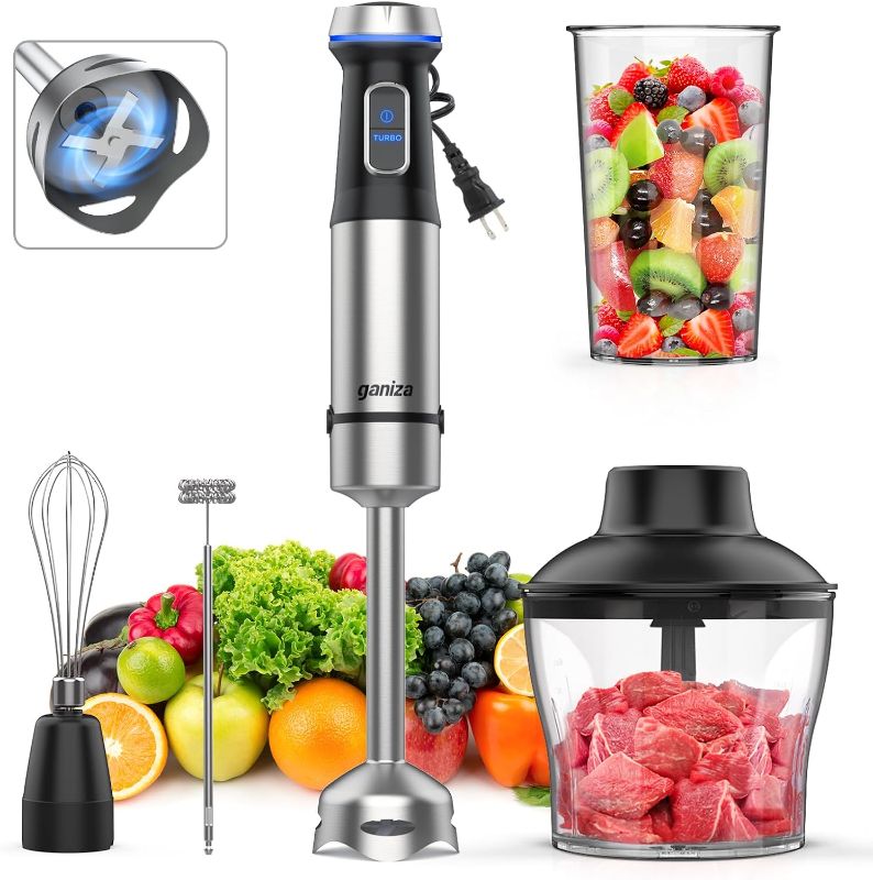 Photo 1 of Ganiza Immersion Blender 5 in 1 Hand Blender Max 1000W Heavy Duty Motor, 16 Speed Mode Handheld Blender Stainless Steel Blade With 800ml Mixing Beaker, 600ml Chopper, Whisk and Milk Frother