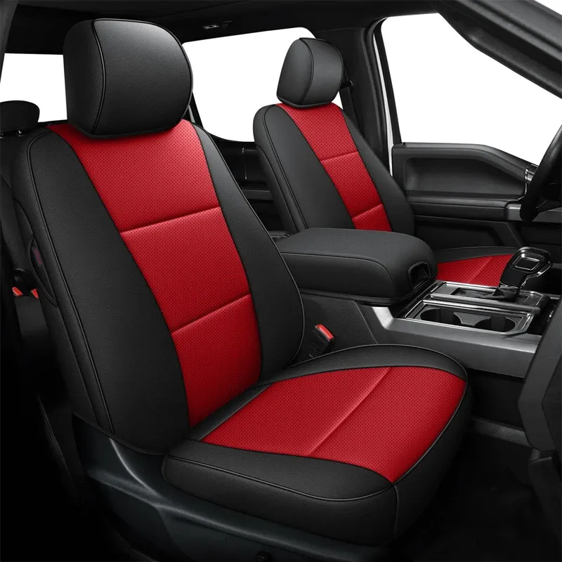 Photo 1 of AOMSAZTO Front Seat Covers for Ford F150 XL XLT: 2015-2026 SuperCrew & F250 F350 F450 2017-2026 Super Duty Crew Cab XL XLT Faux Leather Full Set Seat Cover (Black + Red, 2PCS Front)