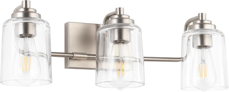 Photo 1 of SOLFART Brushed Nickel Bathroom Light Fixtures, 3-Light Modern Vanity Light Over Mirror, Wall Sconces with Milky White Frosted Glass Shades, E26 Socket (Bulbs Not Included)