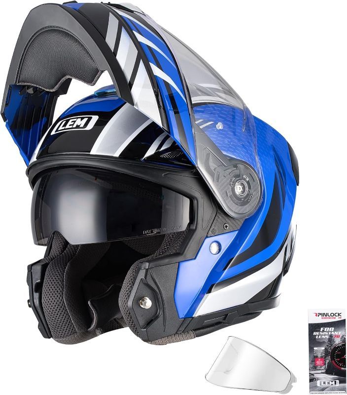 Photo 1 of LEM Modular Motorcycle Helmets Fiberglass, Full Face Motorcycle Helmet Flip Up for Touring, DOT Certified, Release Sun Visor & Removable Comfort Liner, Lightweight Street Bike Helmet (Blue, S)
