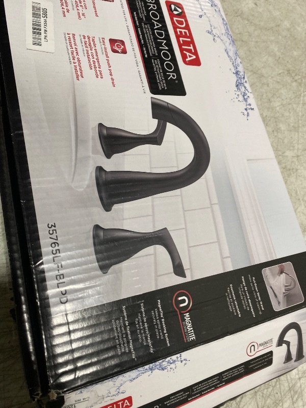 Photo 1 of Delta Broadmoor Matte Black Bathroom Faucet with Sprayer, 8 Inch 3 Hole Widespread Bathroom Sink Faucet with Pull Out Sprayer, Push-Pop Drain, Matte Black 35765LF-BLPD