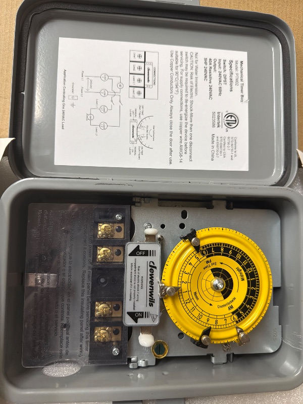 Photo 1 of DEWENWILS 24-Hour Mechanical Timer Switch - 208-277VAC DPST, 5HP 40A, Metal Enclosure, Heavy Duty, Manual Override, Ideal for Pool Pump, Water Heater, Lights and Fans, Weatherproof, ETL Listed, Gray