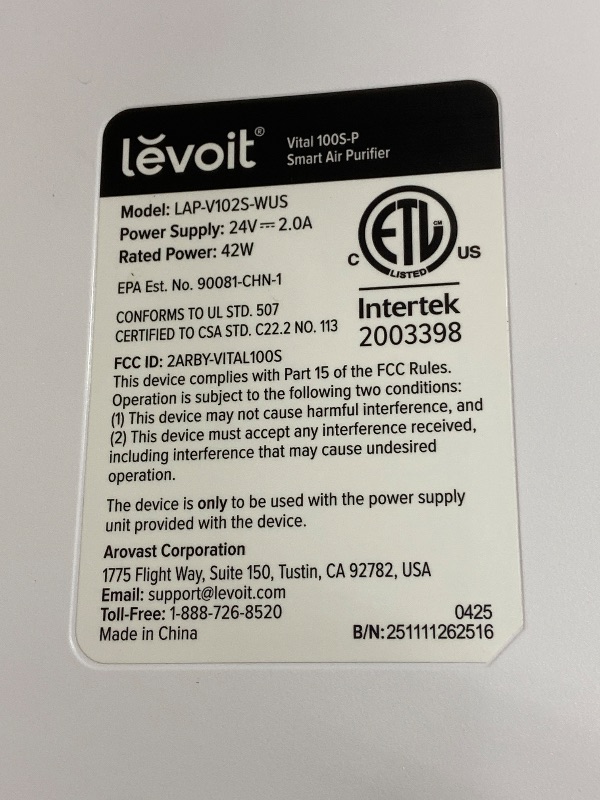 Photo 1 of LEVOIT Air Purifier for Home Large Room Up to 1073Ft² with Air Quality Monitor, AHAM VERIFIDE, Smart WiFi, Washable Pre-Filter, HEPA Sleep Mode for Pets, Allergies, Dust, Pollen, Vital 100S-P, White