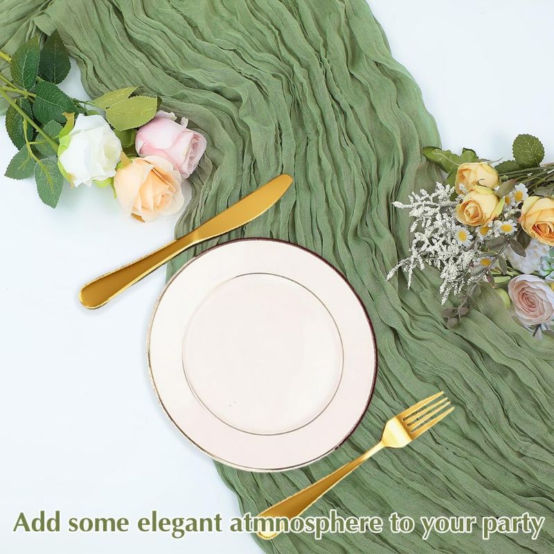 Photo 1 of 10 Pack Sage Green Cheesecloth Table Runner 10FT Boho Gauze Fabric Table Runner Vintage Rustic Sheer Runners for Wedding Party Bridal Baby Shower Long Table Decorations