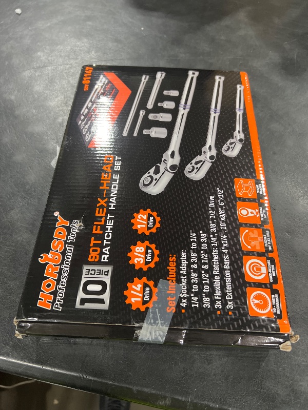 Photo 1 of 10-Piece Flex-Head Ratchet Set, 1/4", 3/8" & 1/2" Drive Socket Wrenches, 90-Tooth Quick-Release Reversible Low-Profile, Extension Bars (4", 10", 6") & 4 Adapters for Automotive, Bike, and Home Repair