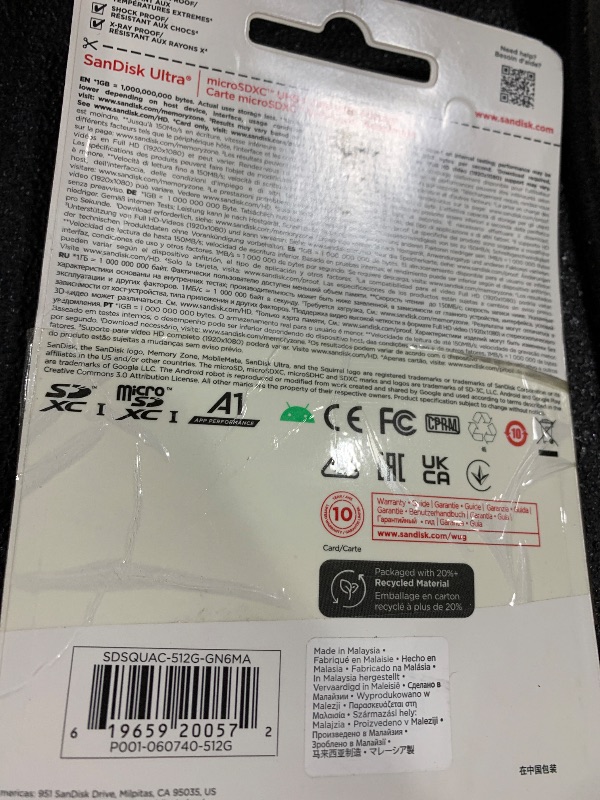 Photo 1 of SANDISK 512GB Ultra microSDXC UHS-I Memory Card with Adapter - Up to 150MB/s, C10, U1, Full HD, A1, MicroSD Card - SDSQUAC-512G-GN6MA