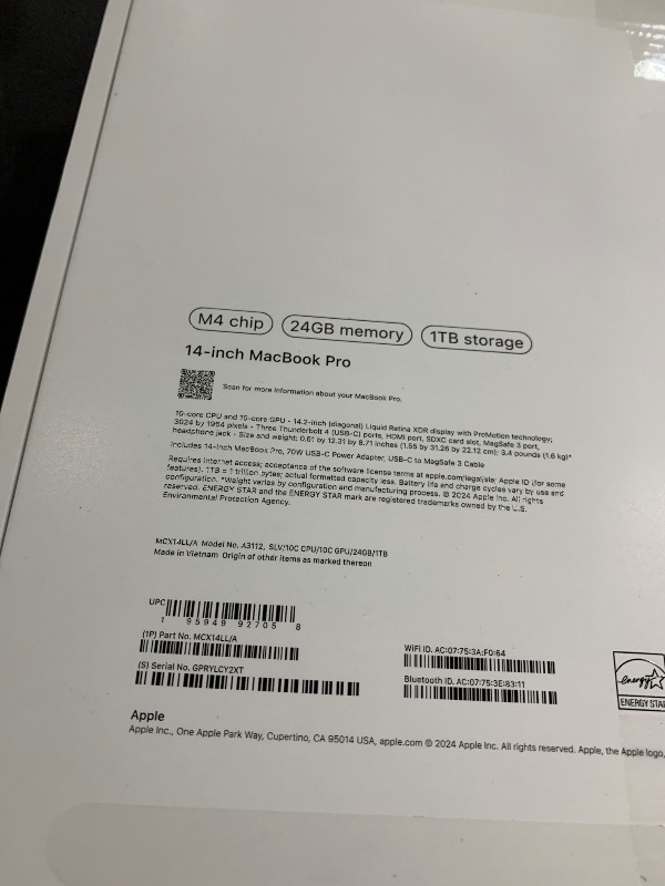 Photo 1 of Apple 2024 MacBook Pro Laptop with M4 chip with 10?core CPU and 10?core GPU: Built for Apple Intelligence, 14.2-inch Liquid Retina XDR Display, 24GB Unified Memory, 1TB SSD Storage; Silver