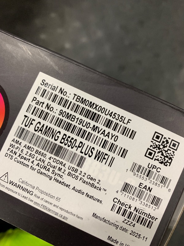 Photo 1 of ASUS TUF Gaming B550-PLUS WiFi II AMD AM4 (3rd Gen Ryzen™) ATX Gaming Motherboard (PCIe 4.0, WiFi 6, 2.5Gb LAN, BIOS Flashback, USB 3.2 Gen 2, Addressable Gen 2 RGB Header and Aura Sync)