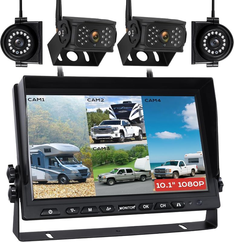 Photo 1 of 10.1" Wireless RV Backup Camera System, 2 Rear Cameras & 2 Side Cameras for Reversing/Monitoring Trailer Truck Pickup Camper, 1080P DVR Monitor, IP69K Waterproof IR Night Vision Camera, WN4
