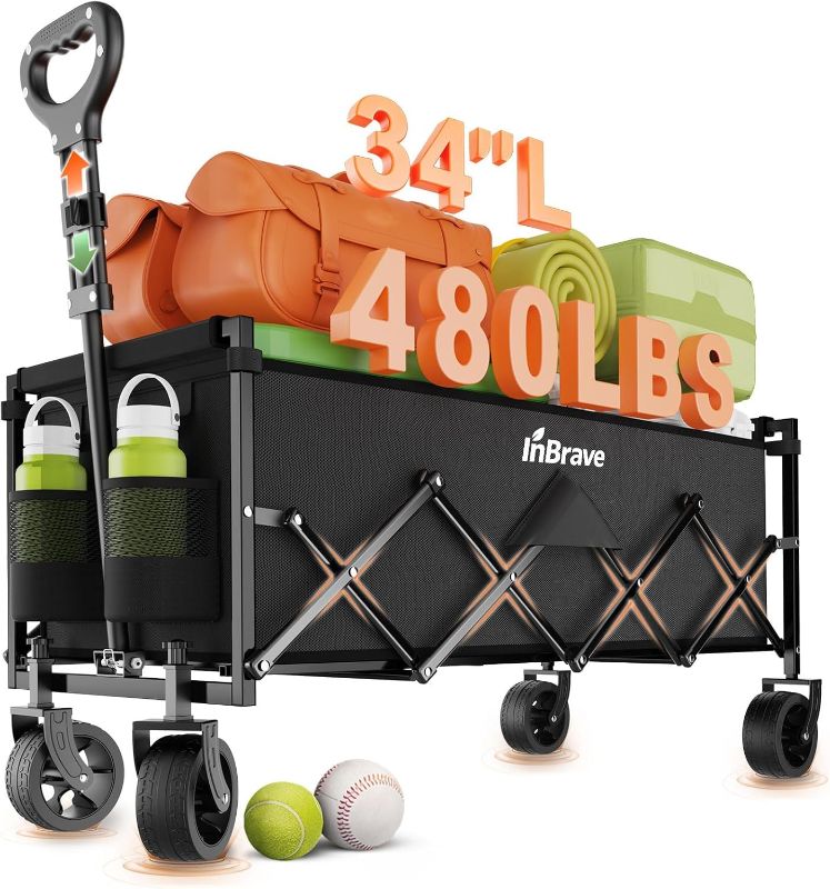 Photo 1 of ***MISSING HANDLE****    InBrave Extra Long Collapsible Wagon Cart, 480LBS Heavy Duty Utility Wagons with All-Terrain Wheels, Foldable Grocery Carts for Gardening, Shopping, Beach,...