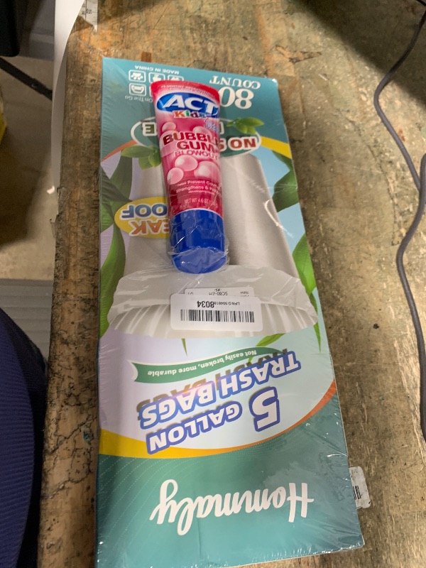 Photo 1 of ***2 ITEMS***BUNDLE***
ACT Kids Anticavity Fluoride Toothpaste 4.6 oz. Bubble Gum Blowout

5 Gallon 80pcs (Fit 4.5-5.3 Gal) Small Clear Trash Bags Strong Garbage Bags, 18-20 Liter Bathroom Trash Can Bin Liners, Unscented Plastic Bags for Office, Waste Bas