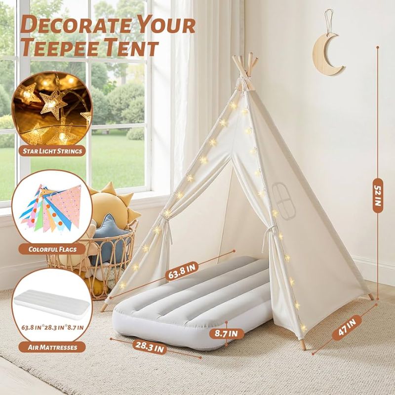 Photo 1 of 1 Pack Teepee Tent for Kids with Inflatable Airbed, Indoor Play Tent Foldable for Boys Girls Party Sleepover Slumber Gifts Toy