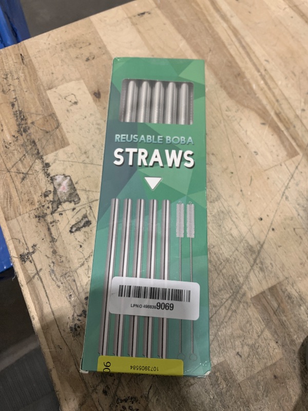 Photo 1 of [Angled Tips] 5 Pcs 10" Reusable Bubble Tea Straws & Smoothie Straws, 0.5" Wide Stainless Steel Straw, Metal Straw for Boba, Tapioca Pearl, Milkshakes, Jumbo Drinks | 2 Cleaning Brushes