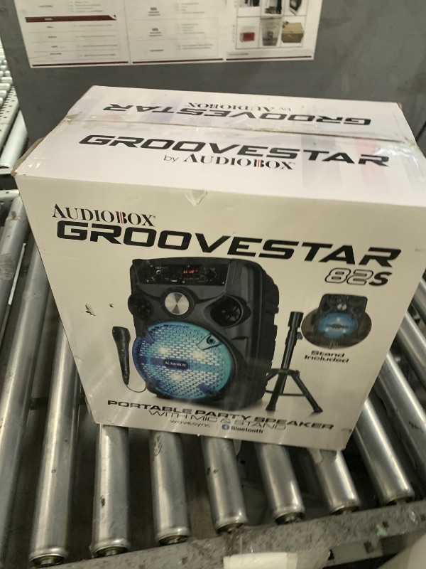 Photo 1 of (MAJOR USAGE, SOLD FOR PARTS) AUDIOBOX ABX-82S Portable 8" PA Speaker with Stand, WaveSync™ Technology, Bluetooth, LED Lights, 1100W - Includes Microphone & USB Cable
