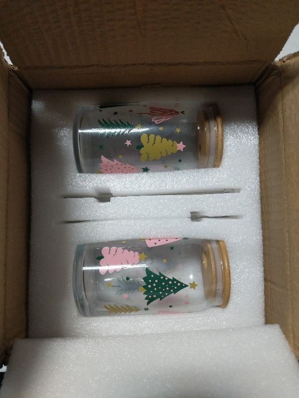 Photo 1 of 2 Pack Christmas Drinking Glasses 16oz Boho Xmas Tree Glass Cup Pink Green Tree Iced Coffee Cup with Lid Straw Cleaning Brush for Home Office Gifts