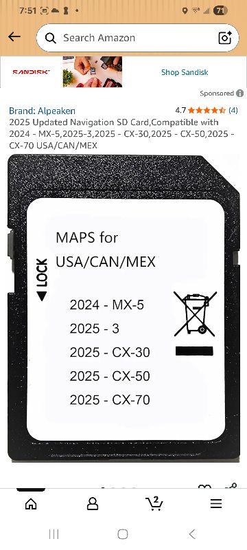 Photo 1 of 2025 Upgraded Navigation SD Card Map Compatible with 2024+ MX-5, 2025 3/ CX-30, 2025 CX-50 / CX-70 KR9D 66 EZ1, Latest Version Navigation SD Card Map USA/CAN/MX KR9D66EZ1