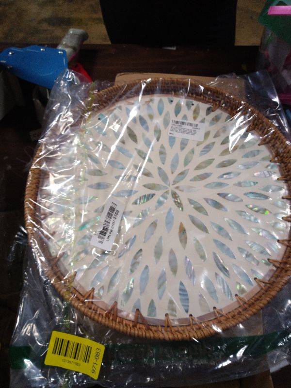 Photo 1 of 14" Large Rattan Serving Tray with Mother of Pearl, Round Coffee Table Tray Decor, Boho Decorative Round Hand-Woven Wicker Home Decor (Galaxy Blue)