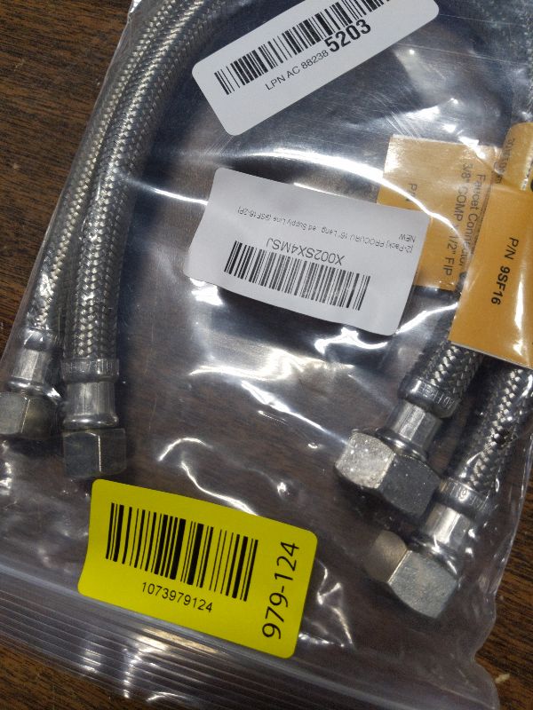 Photo 1 of [2-Pack] PROCURU 16-Inch (1.3Ft) x 3/8" Comp x 1/2" FIP Faucet Hose Connector, Stainless Steel Braided Supply Line, Certified Safe (9SF16-2P)