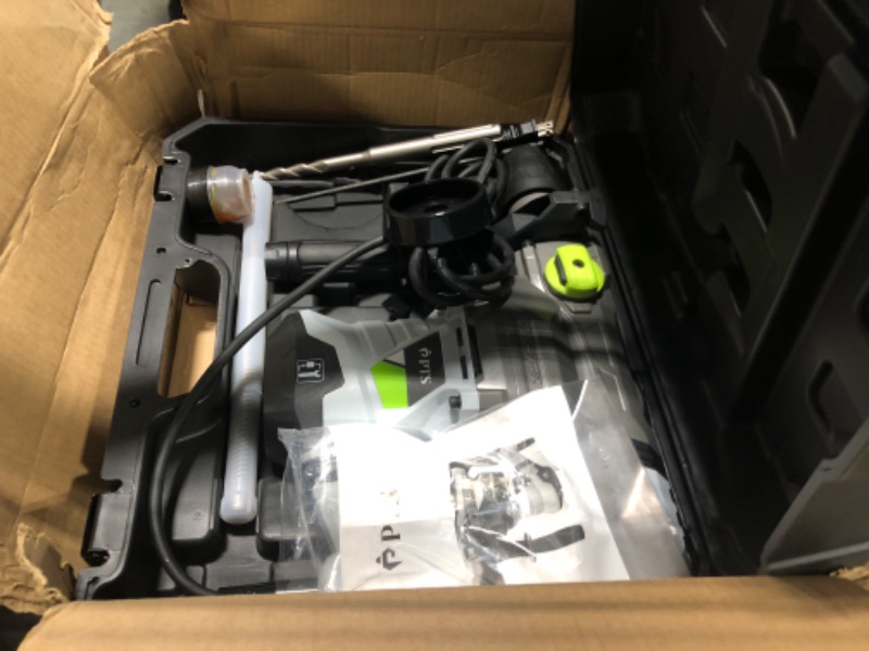 Photo 1 of *** minor damage *** PTS 1-9/16 Inch SDS-Max Rotary Hammer, 13.5 Amp Heavy Duty 3 Functions Corded Concrete Demolition Hammer, w/Vibration Control & Safety Clutch, Includes Drill Bits, Chisels, Carrying Case (Green)