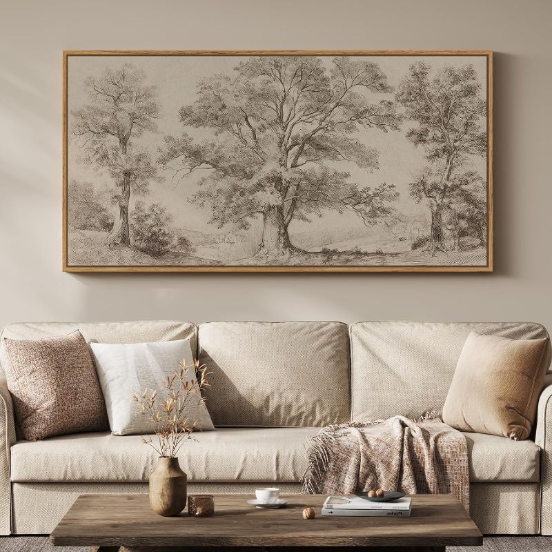 Photo 1 of ***The back part is a bit sensitive; look at the photo*****VIYYIEA Large Framed Canvas Wall Art, 20x40in, Sketch Forest Tree Art Painting for Living Room Bedroom Office, Above of Bed Neutral Retro Vintage Nature Decor, Big Horizontal Artwork