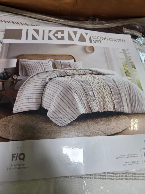Photo 1 of ***NOT EXACT TO STOCK IMAGE, VIEW ALL IMAGES*** Madison Park King Comforter Set Clipped Jacquard Stripes with Buttons Boho Comforter for a King-Size Bed, Cotton Oversized Comforters with Removable Cover Boho Bedding, King Ivory 9 Piece