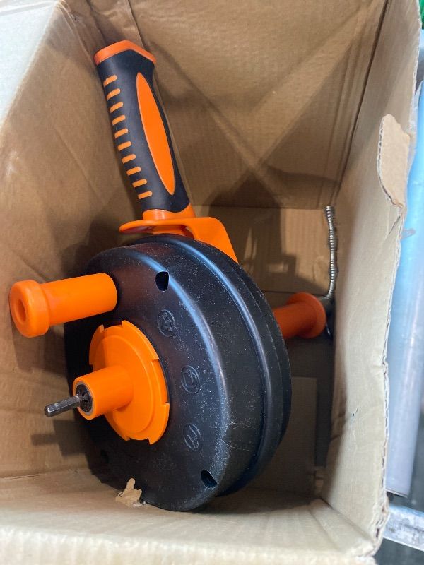 Photo 1 of [MISSING PARTS] Drain Auger, Clog Remover with Drill Adapter, 25 Feet Flexible Plumbing Snake Use Manually or Powered for Kitchen, Bathroom and Shower Sink, Comes with Gloves (orange)