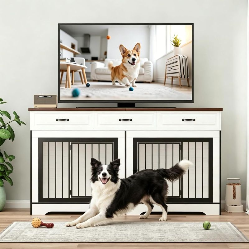 Photo 1 of ****** AS IS ALL SALES FINAL NO RETURNS *******F** SIMILAR * Garvee 71" Dog Crate Furniture for 2 Dogs, Heavy Duty Double Dog Kennel with 3 Drawers, Extra Large Furniture Style Indoor Dog Crate Table TV Stand for Medium/Large Dogs, White&Walnut