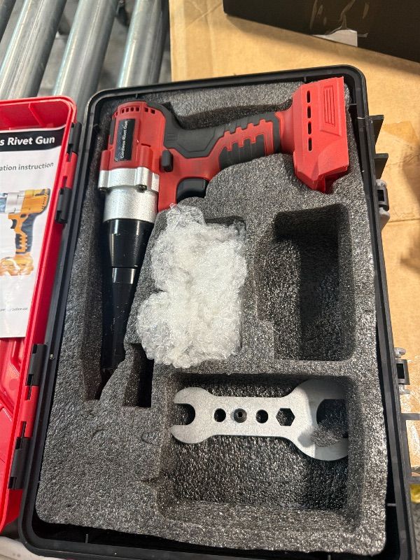 Photo 1 of ****MISSIING BATTERY*****Cordless Rivet Gun Tool Compatible with Milwaukee 18V Max Battery, Brushless Electric Automatic Rivet Gun for Rivets 1/8'', 5/32'', 3/16", Led Light, for Metal, Plastic and Leather(No Battery)