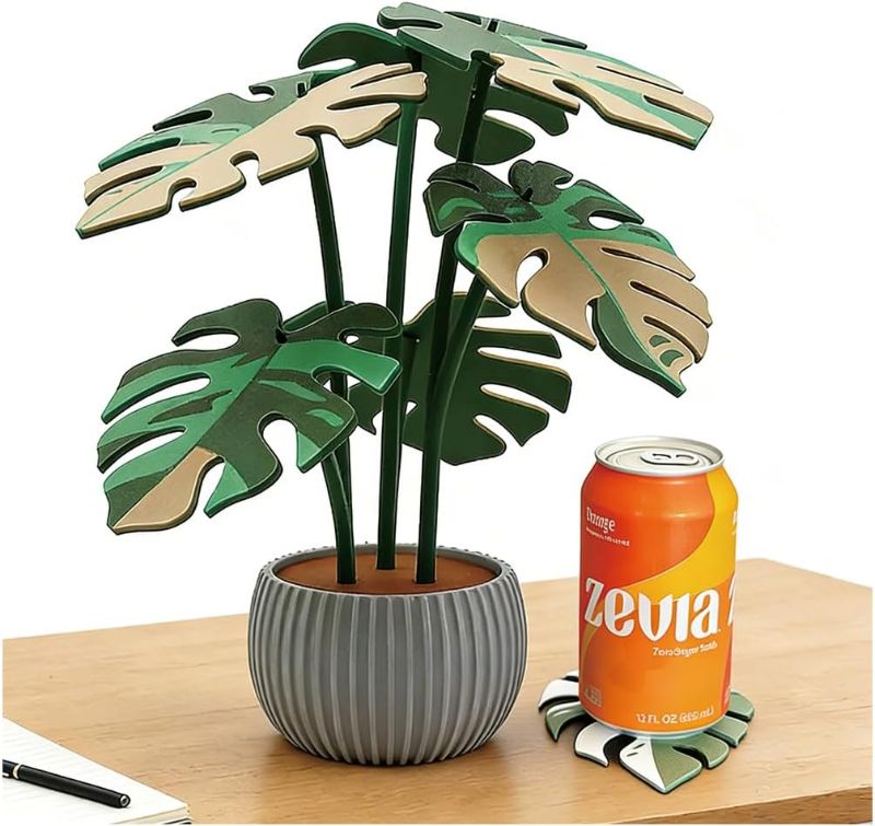 Photo 1 of **STOCK PHOTO FOR REFERENCE OF STYLE POT IS DIFFERENT** Monstera Plant Coasters Set of 6 with Potted Holder - 3D Decorative Leaf Drink Coasters for Table Protection, Cute Home Office Desk Decor & Novelty Gift