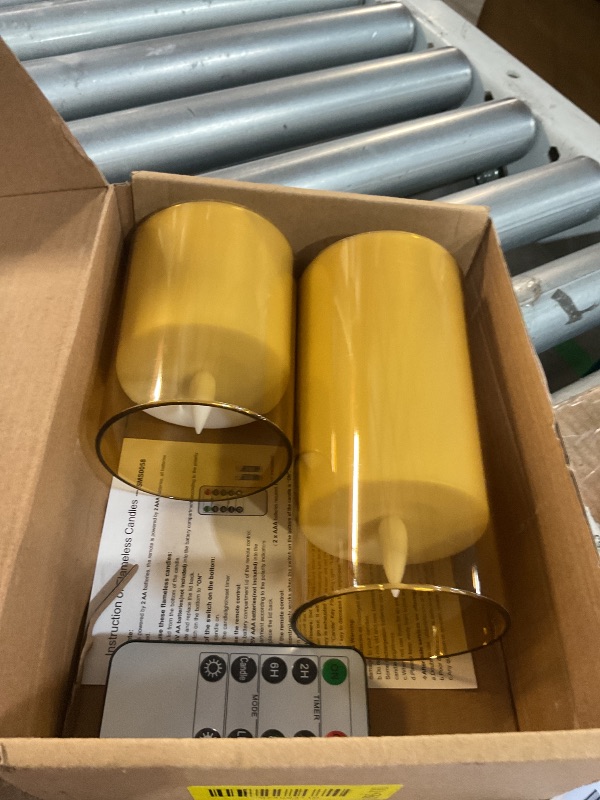 Photo 1 of ***MISSING ONE CANDLE***Homemory Realistic Flickering Flameless Candles, Battery Operated Candles with Remote Control and Timer, LED Fake Electric Candle for Home, Christmas Decoration, Gold, Set of 3