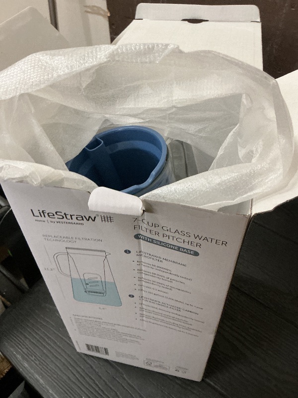 Photo 1 of LifeStraw Home– Water Filter Pitcher, 7-Cup, Glass with Silicone Base, Stormy Blue, for Everyday Protection Against Bacteria, parasites, microplastics, Lead, Mercury, PFAS and a Variety of Chemicals