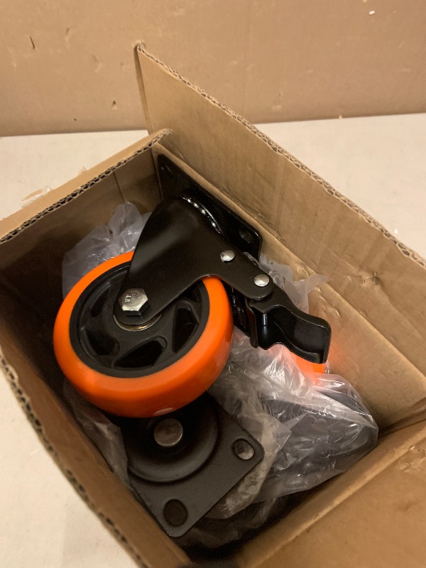 Photo 1 of 4 Inch Orange Heavy Duty Locking Caster Wheels Set of 4 – 2400LBS Total Capacity, PU Industrial Casters with Dual Brake for Workbench, Cart & Equipment – Heavy Duty Industrial Use Only
