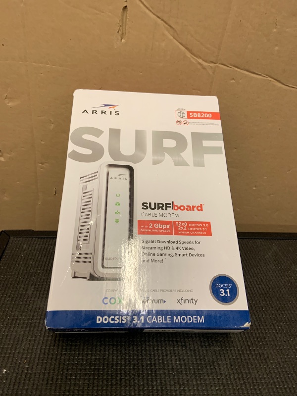 Photo 1 of ARRIS SURFboard SB8200 DOCSIS 3.1 Multi?Gig Cable Modem | 2 -1Gbps Ethernet Ports | Works with Xfinity, Cox, Spectrum | For Cable Internet Plans up to 2Gbps | Modem Only, Router Required