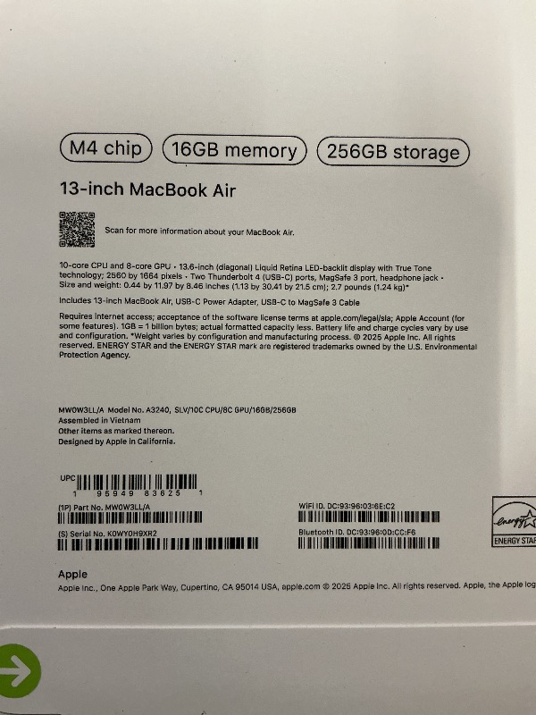 Photo 1 of —-FACTORY SEALED—-Apple 2025 MacBook Air 13-inch Laptop with M4 chip: Built for Apple Intelligence, 13.6-inch Liquid Retina Display, 16GB Unified Memory, 256GB SSD Storage, 12MP Center Stage Camera, Touch ID; Silver
